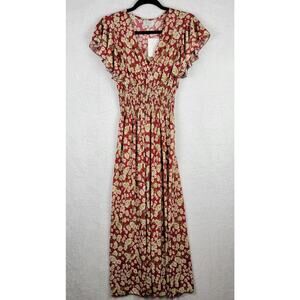 Cottagecore L XL Maxi Dress Short Sleeve Ruch Waist Sheer Red White Floral VNeck
